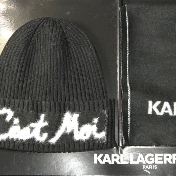 Karl Lagerfeld Paris Beanie & Scarf Gift Set Black C’est Moi Cat Rhinestone NIB main image 5